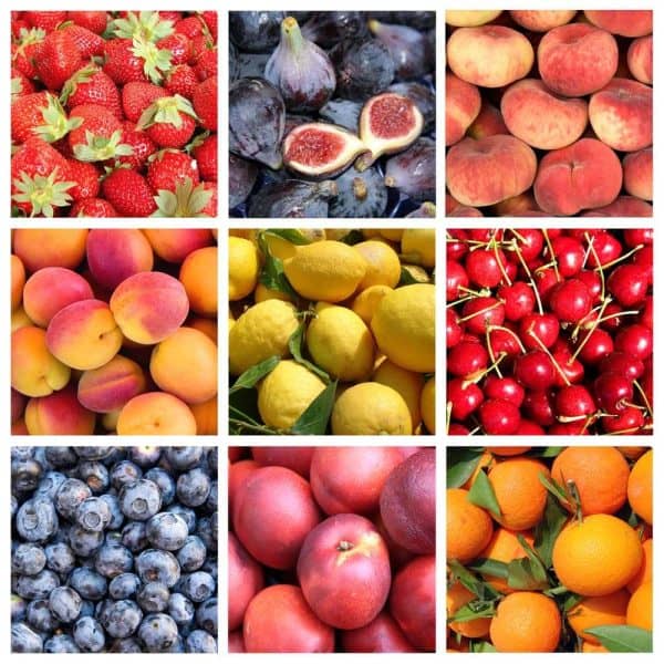 A collage of summer fruits on white background